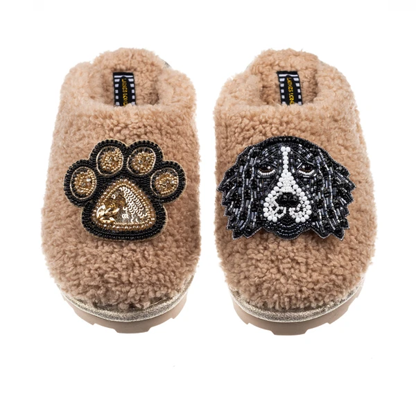 Laines London Teddy Closed Toe Slippers With Bentley & Paw Brooches