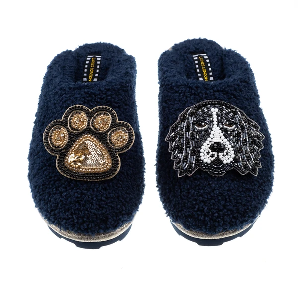Laines London Teddy Closed Toe Slippers With Bentley & Paw Brooches