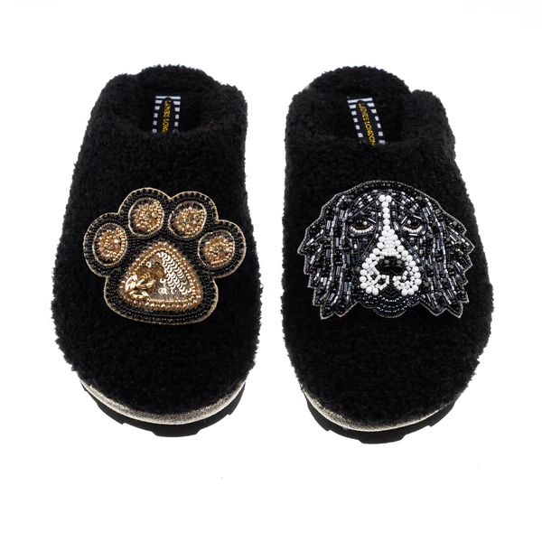 Laines London Teddy Closed Toe Slippers With Bentley & Paw Brooches
