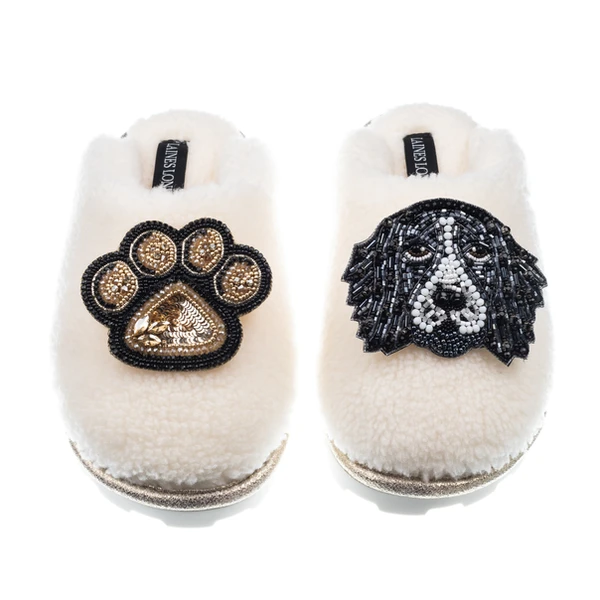 laines london Teddy Closed Toe Slippers With Bentley & Paw Brooches