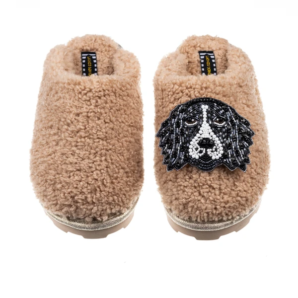Laines London Teddy Closed Toe Slippers With Bentley The Black & White Spaniel Brooch