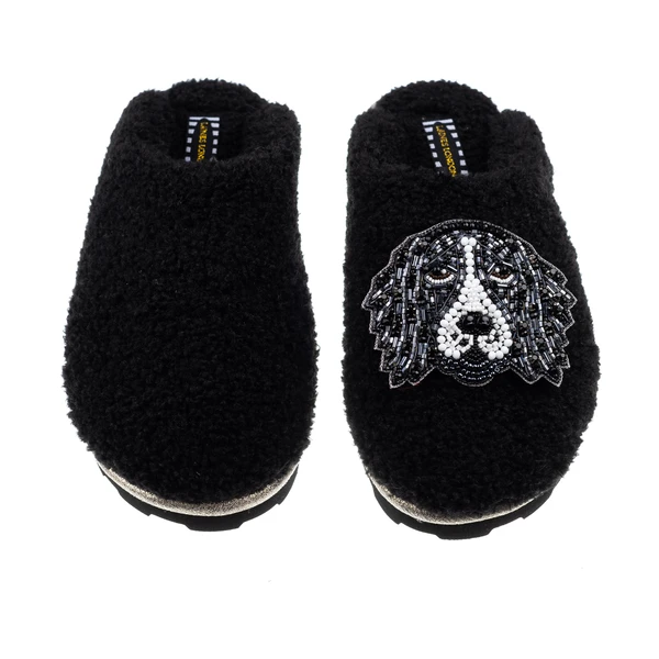 Laines London Teddy Closed Toe Slippers With Bentley The Black & White Spaniel Brooch
