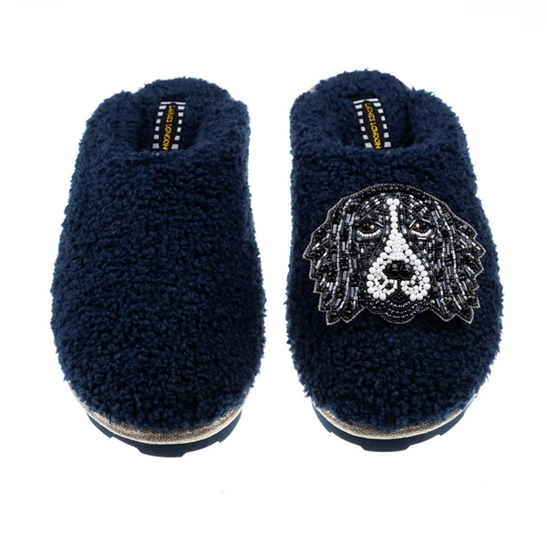 laines london Teddy Closed Toe Slippers With Bentley The Black & White Spaniel Brooch