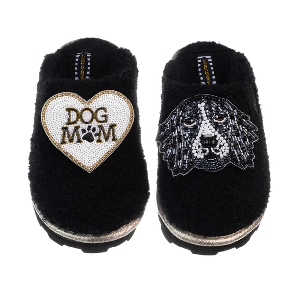 Laines London Teddy Closed Toe Slippers With Bentley The Spaniel & Dog Mum / Mom Brooches