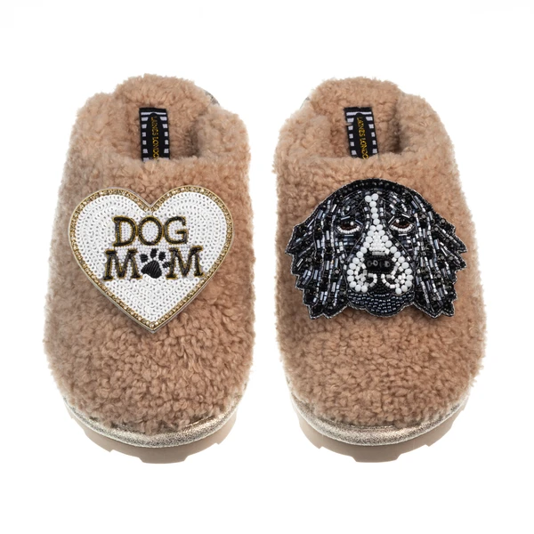 Laines London Teddy Closed Toe Slippers With Bentley The Spaniel & Dog Mum / Mom Brooches