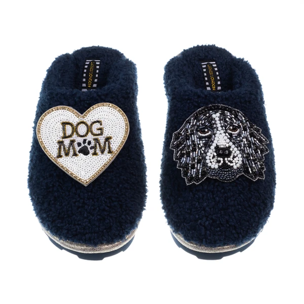 Laines London Teddy Closed Toe Slippers With Bentley The Spaniel & Dog Mum / Mom Brooches