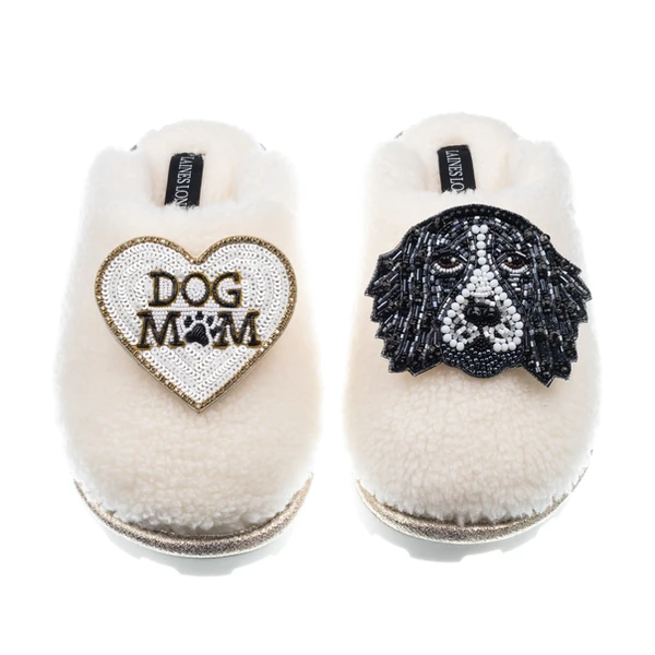 laines london Teddy Closed Toe Slippers With Bentley The Spaniel & Dog Mum / Mom Brooches
