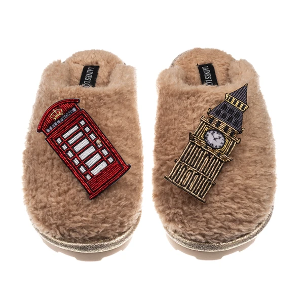 Laines London Teddy Closed Toe Slippers With Big Ben & British Phone Box Brooches