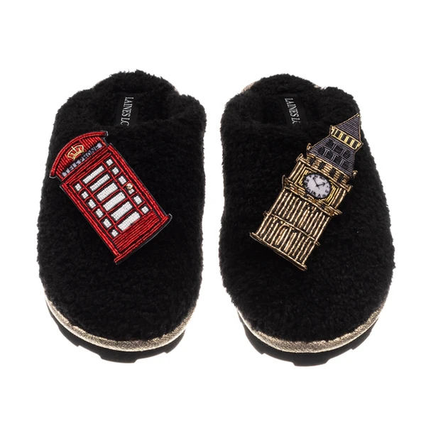 Laines London Teddy Closed Toe Slippers With Big Ben & British Phone Box Brooches