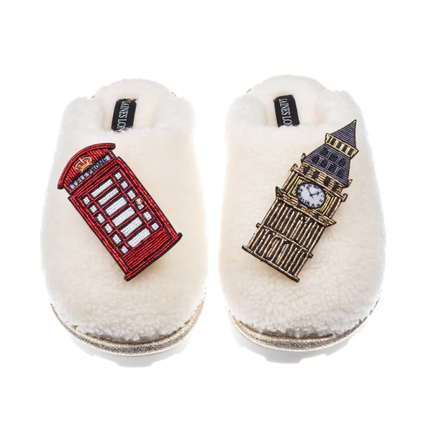Laines London Teddy Closed Toe Slippers With Big Ben & British Phone Box Brooches