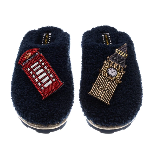 laines london Teddy Closed Toe Slippers With Big Ben & British Phone Box Brooches