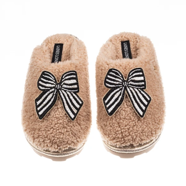 Laines London Teddy Closed Toe Slippers With Black Stripe Bow Brooches