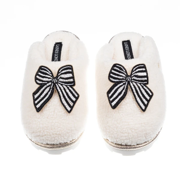 Laines London Teddy Closed Toe Slippers With Black Stripe Bow Brooches