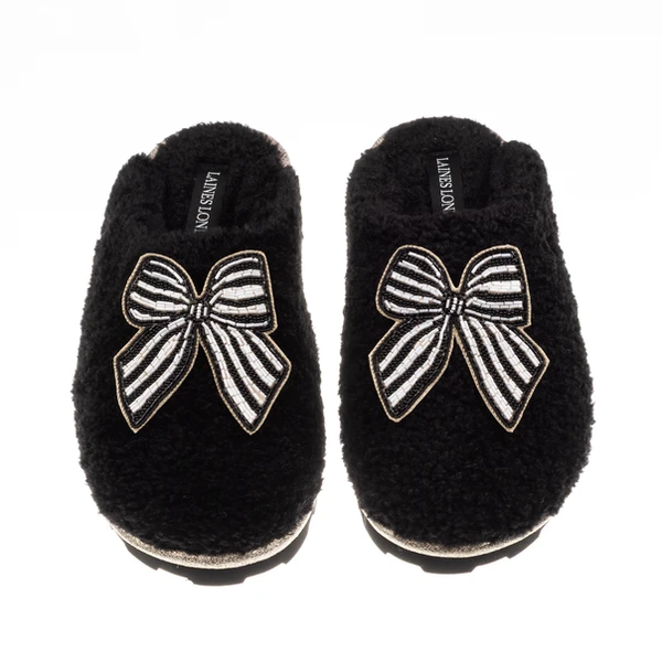 laines london Teddy Closed Toe Slippers With Black Stripe Bow Brooches