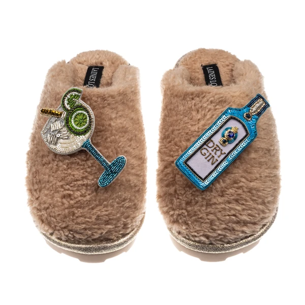 Laines London Teddy Closed Toe Slippers With Blue Sapphire Gin & Glass Brooches