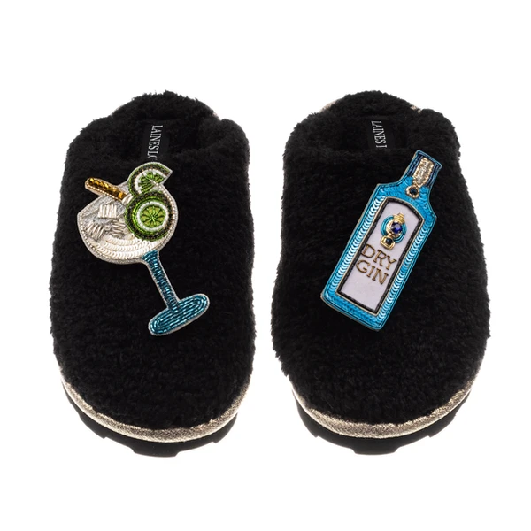 Laines London Teddy Closed Toe Slippers With Blue Sapphire Gin & Glass Brooches