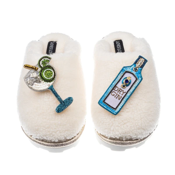 Laines London Teddy Closed Toe Slippers With Blue Sapphire Gin & Glass Brooches