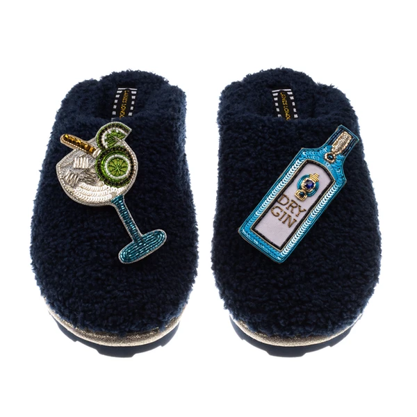 laines london Teddy Closed Toe Slippers With Blue Sapphire Gin & Glass Brooches
