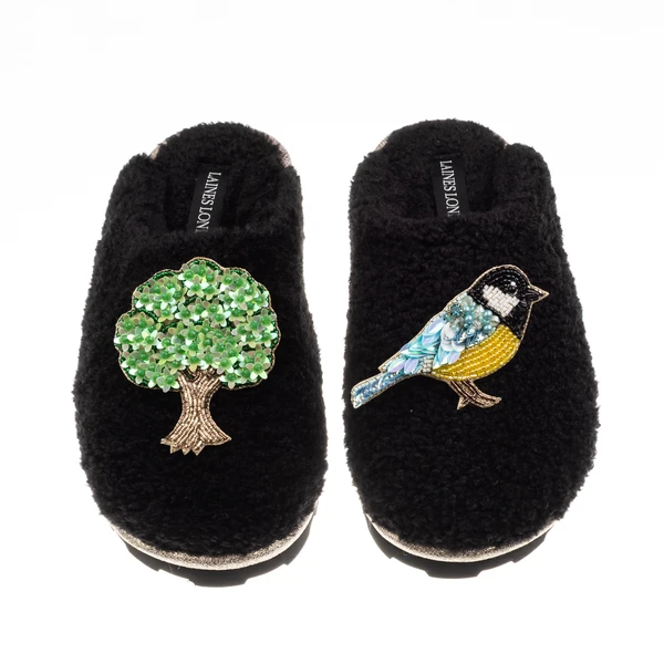 Laines London Teddy Closed Toe Slippers With Blue Tit & Oak Tree Brooches