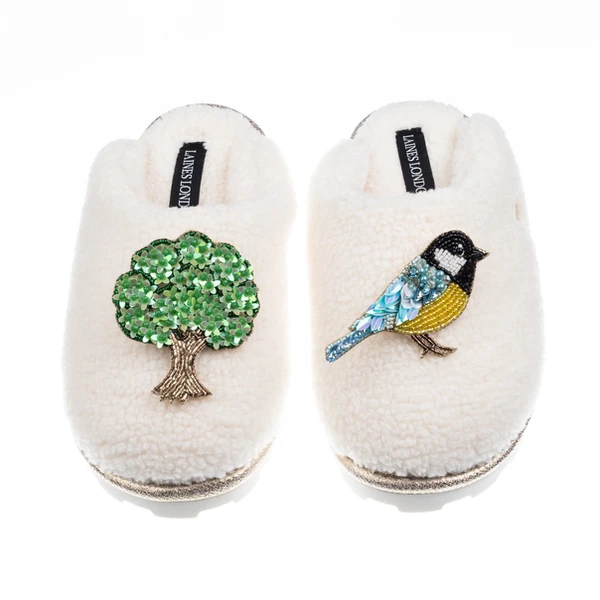 Laines London Teddy Closed Toe Slippers With Blue Tit & Oak Tree Brooches