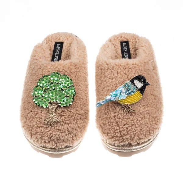 laines london Teddy Closed Toe Slippers With Blue Tit & Oak Tree Brooches