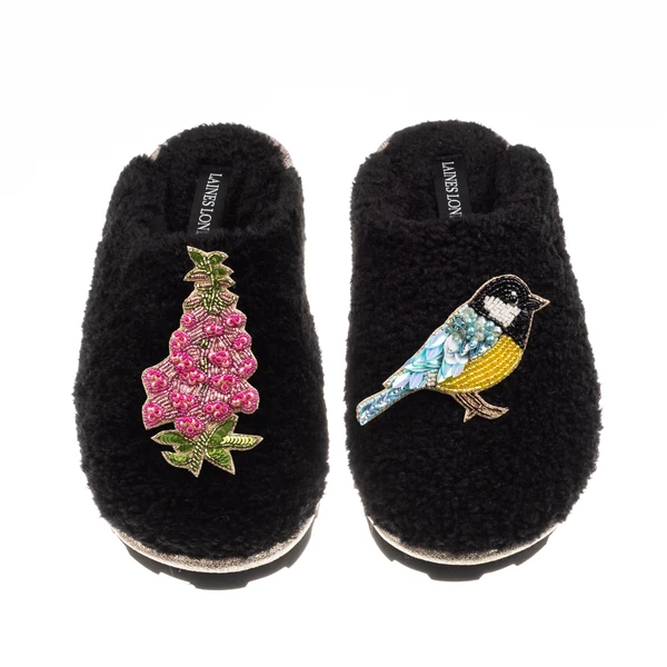 Laines London Teddy Closed Toe Slippers With Blue Tit & Pink Foxglove Brooches