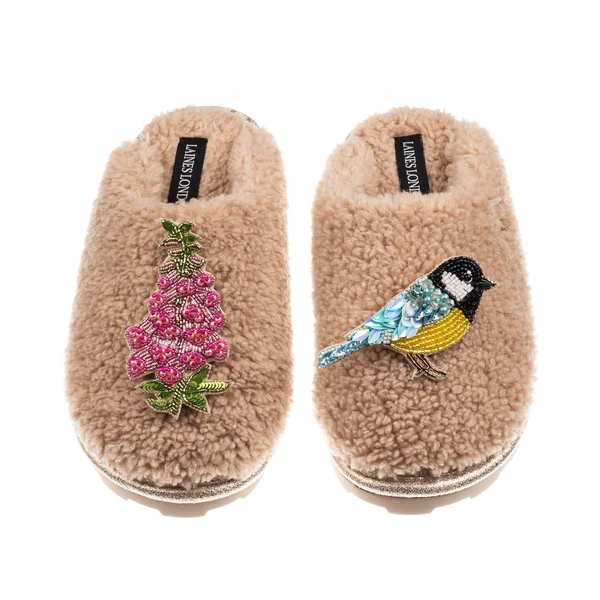 Laines London Teddy Closed Toe Slippers With Blue Tit & Pink Foxglove Brooches