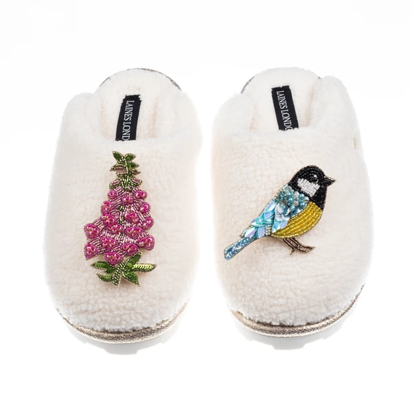 laines london Teddy Closed Toe Slippers With Blue Tit & Pink Foxglove Brooches