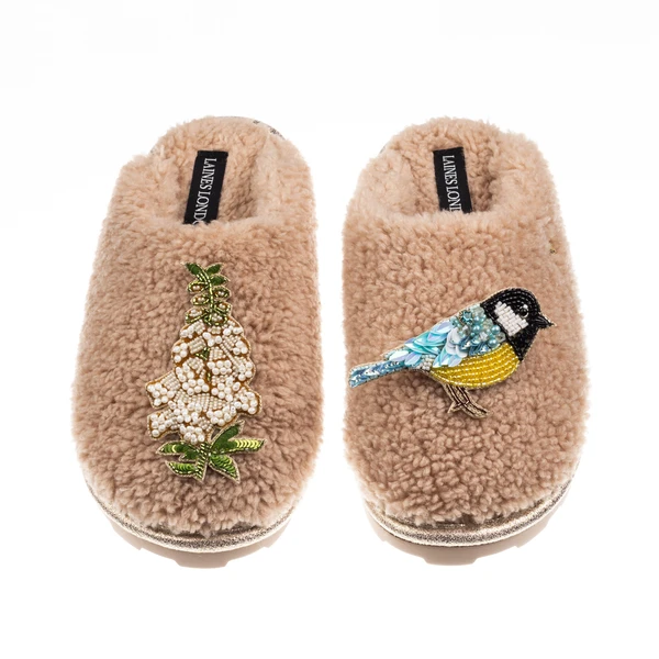 Laines London Teddy Closed Toe Slippers With Blue Tit & White Foxglove Brooches