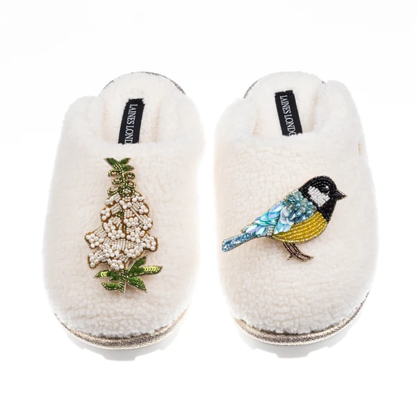 Laines London Teddy Closed Toe Slippers With Blue Tit & White Foxglove Brooches