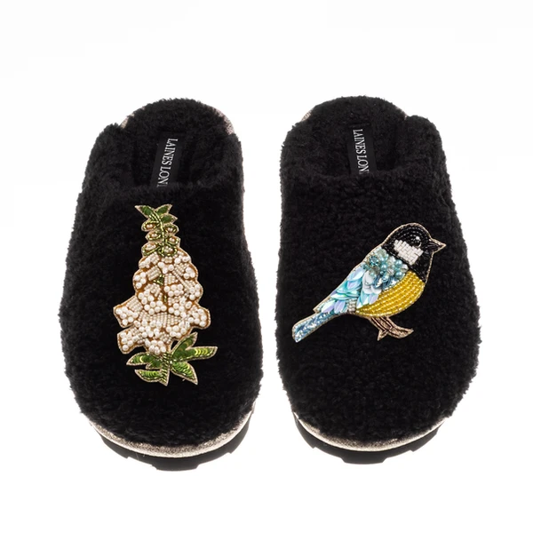 laines london Teddy Closed Toe Slippers With Blue Tit & White Foxglove Brooches