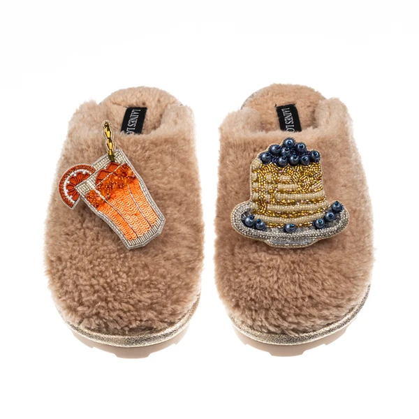 Laines London Teddy Closed Toe Slippers With Blueberry Pancake Stack & OJ Brooches