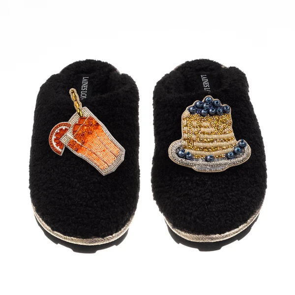 Laines London Teddy Closed Toe Slippers With Blueberry Pancake Stack & OJ Brooches