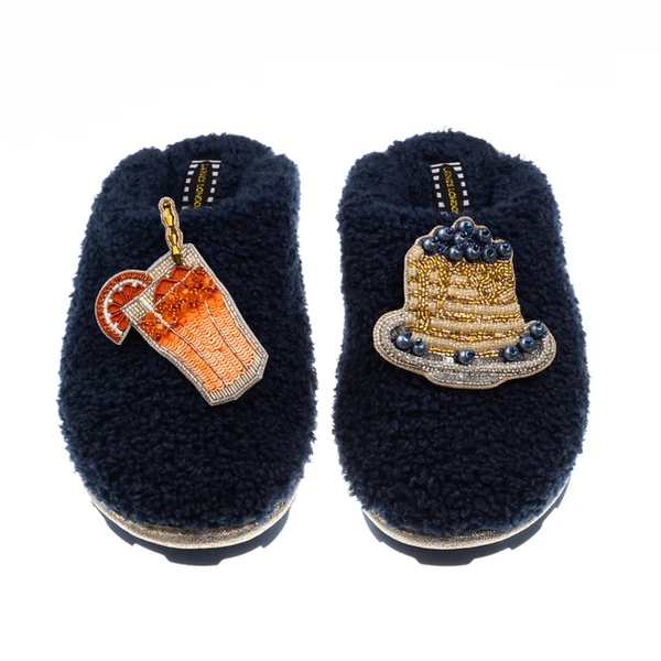 laines london Teddy Closed Toe Slippers With Blueberry Pancake Stack & OJ Brooches