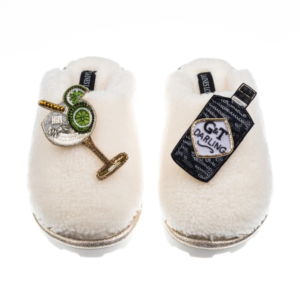 Laines London Teddy Closed Toe Slippers With Botanical Gin & Glass Brooches