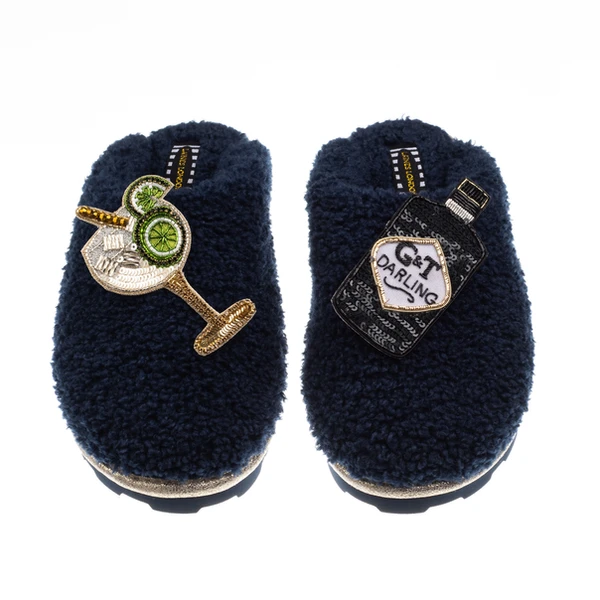 Laines London Teddy Closed Toe Slippers With Botanical Gin & Glass Brooches