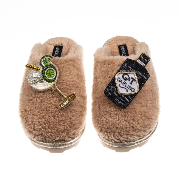 Laines London Teddy Closed Toe Slippers With Botanical Gin & Glass Brooches
