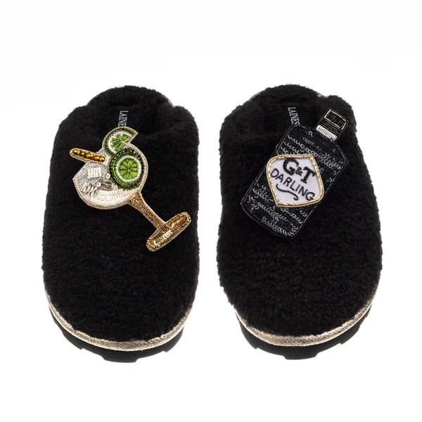 laines london Teddy Closed Toe Slippers With Botanical Gin & Glass Brooches