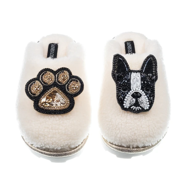 Laines London Teddy Closed Toe Slippers With Buddy & Paw Brooches