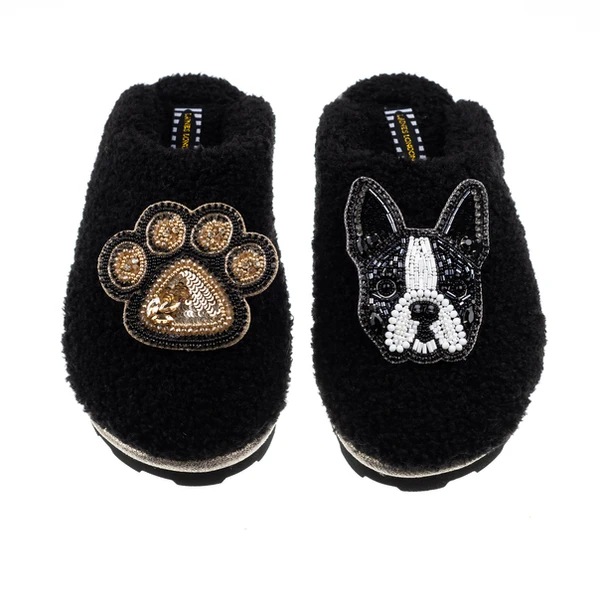Laines London Teddy Closed Toe Slippers With Buddy & Paw Brooches