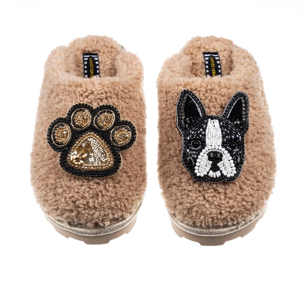 laines london Teddy Closed Toe Slippers With Buddy & Paw Brooches