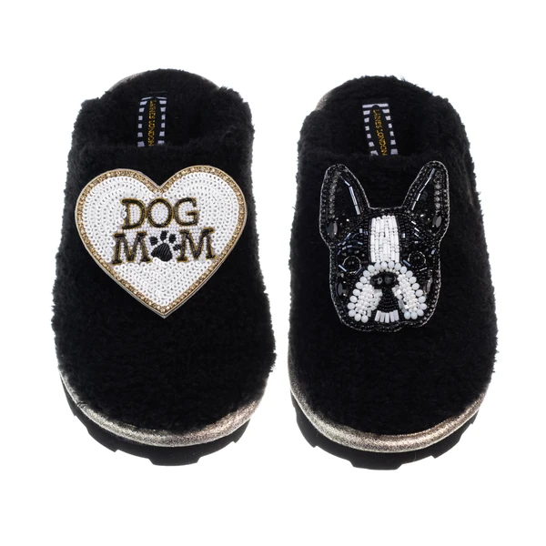 Laines London Teddy Closed Toe Slippers With Buddy The Boston Terrier & Dog Mum / Mom Brooches