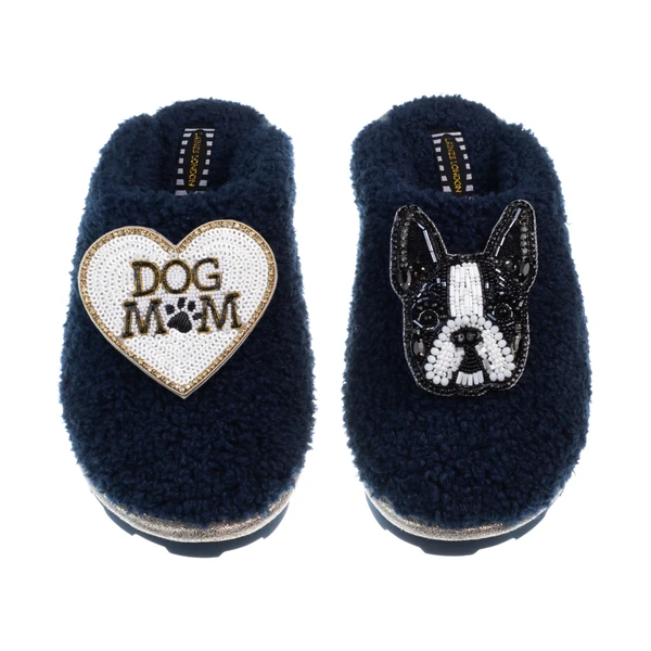 Laines London Teddy Closed Toe Slippers With Buddy The Boston Terrier & Dog Mum / Mom Brooches