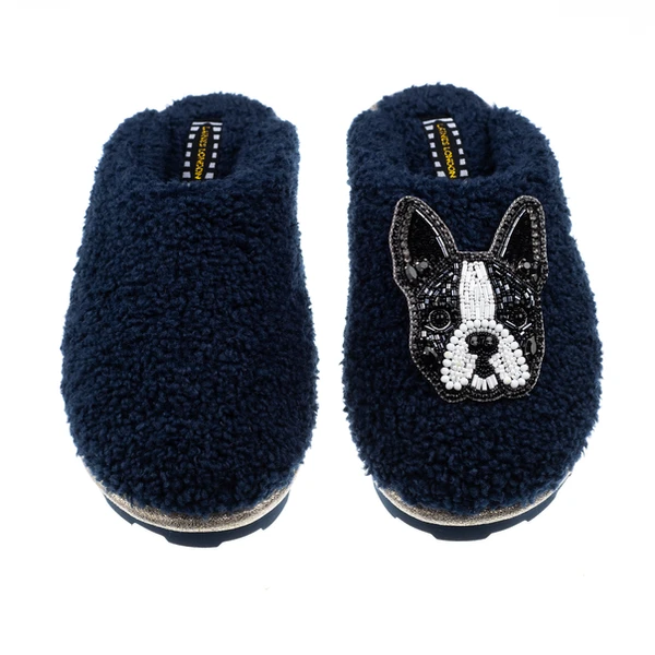 Laines London Teddy Closed Toe Slippers With Buddy The Boston Terrier Brooch