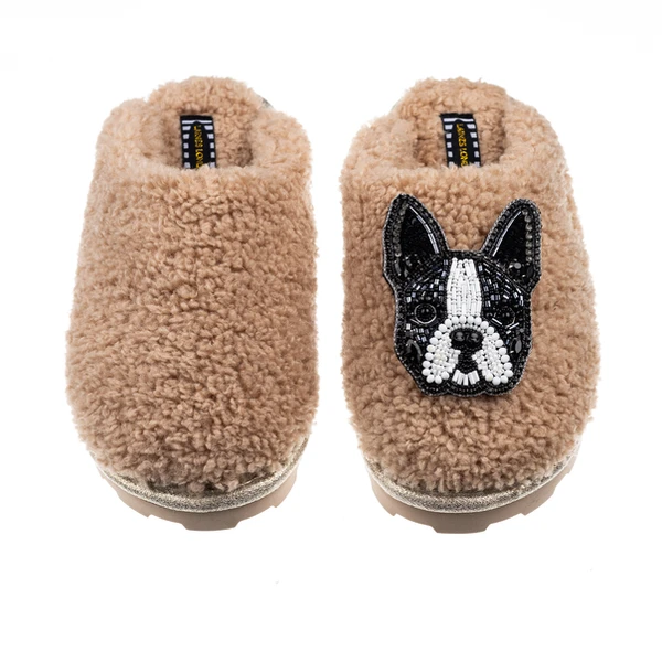 Laines London Teddy Closed Toe Slippers With Buddy The Boston Terrier Brooch