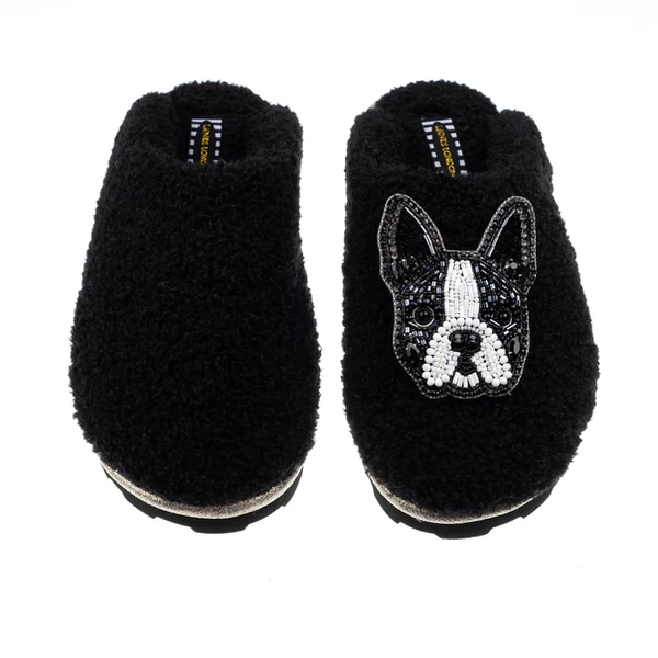 Laines London Teddy Closed Toe Slippers With Buddy The Boston Terrier Brooch