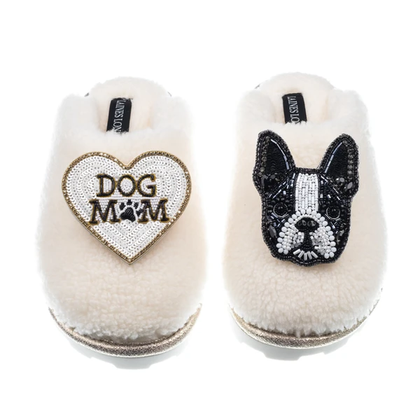 laines london Teddy Closed Toe Slippers With Buddy The Boston Terrier & Dog Mum / Mom Brooches