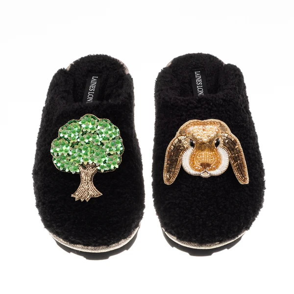 Laines London Teddy Closed Toe Slippers With Bunny & Oak Tree Brooches