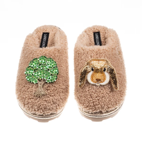 Laines London Teddy Closed Toe Slippers With Bunny & Oak Tree Brooches