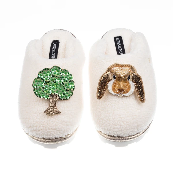 Laines London Teddy Closed Toe Slippers With Bunny & Oak Tree Brooches
